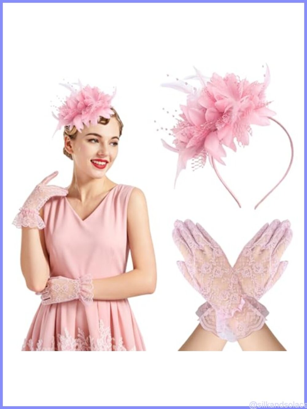 Fascinators Hat and Gloves Set with Veil Feathers Faux Pearls Lace
